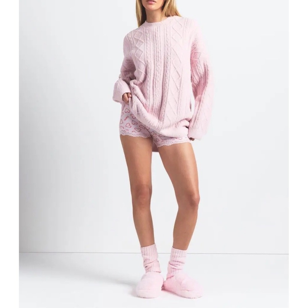 SKIMS Cozy Knit Cable Pullover Pink Oversized Sweater L/XL
